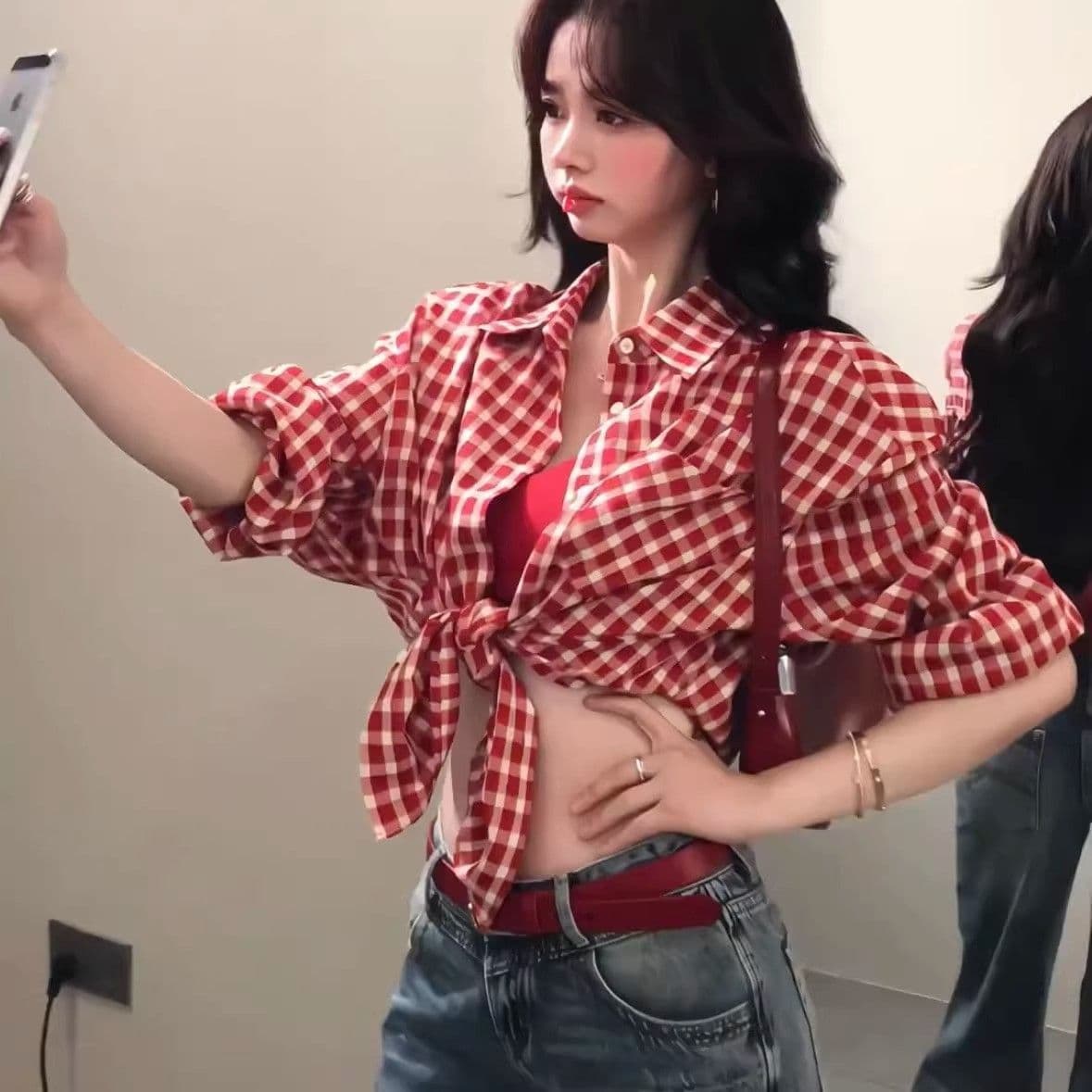 Japanese Vintage Red Plaid Shirt Jacket for Women Spring Vintage Relaxed Sun Protection Casual Shirt Coat