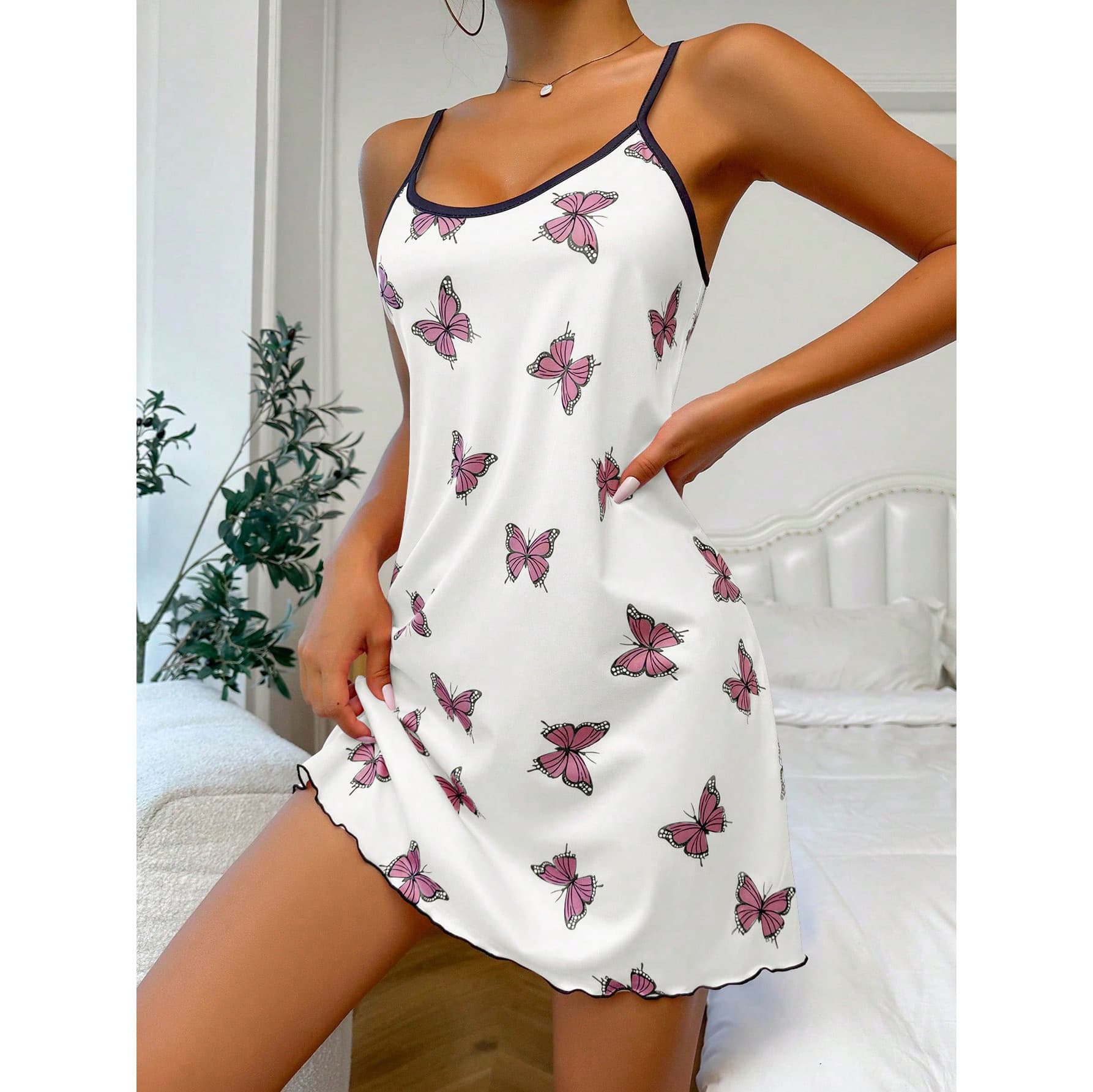 Pajama Sleepwear Camisole Short Dress Hot Selling Butterfly Print Stock Ready Lazy Style for Amazon TEMU SHEIN