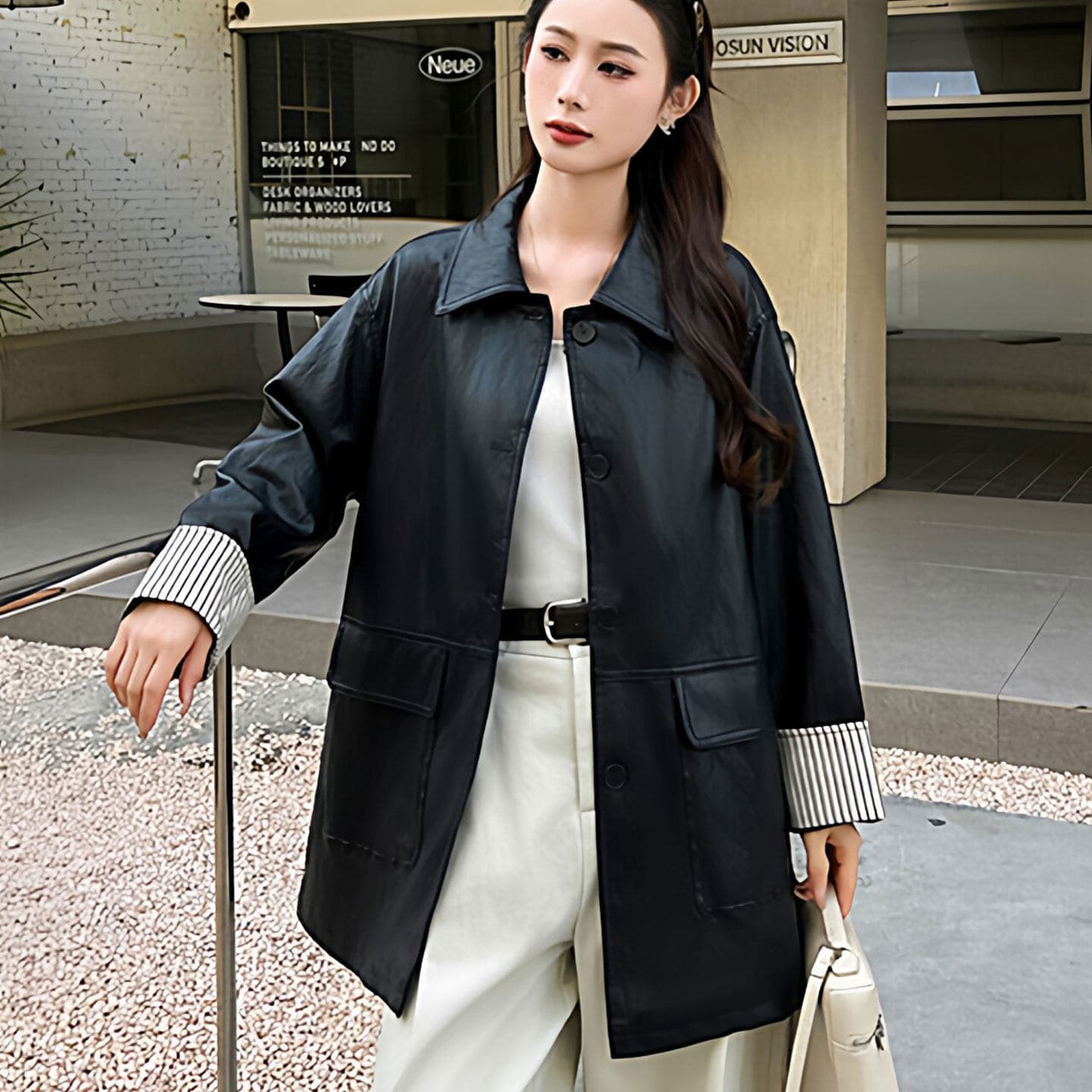 Women's Leather Jacket 2026 Spring New Vintage Style Versatile Lapel Mid-Length Pu Leather Coat Jacket for Women