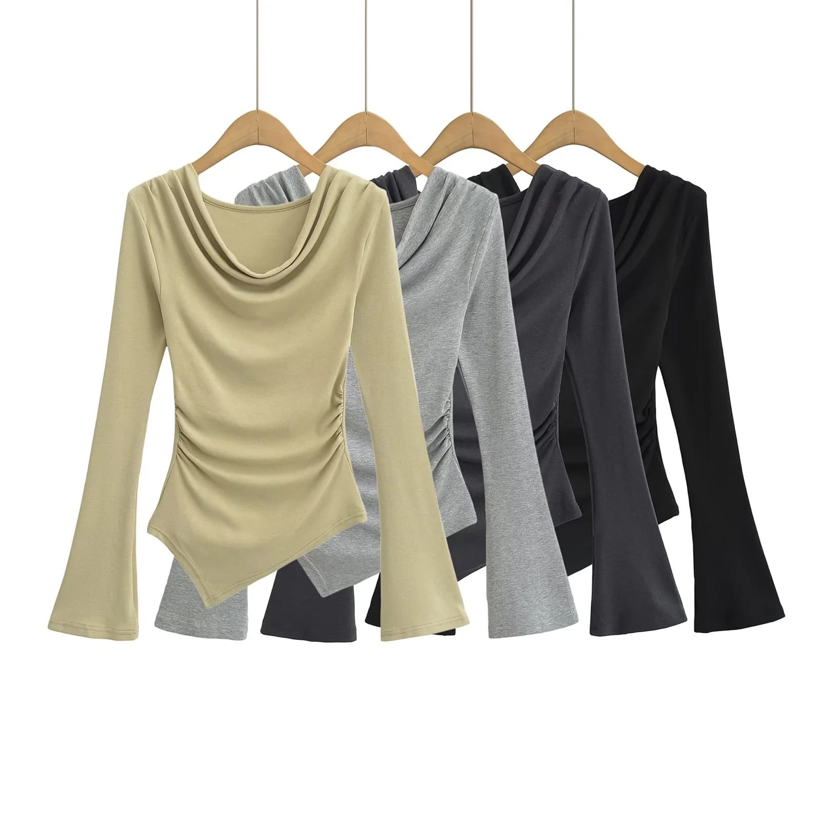 2024 New Autumn Hot Girl Swing Collar Pleated Slim Bell Sleeve Top Women's Pleated Tight Irregular Long Sleeve T-Shirt