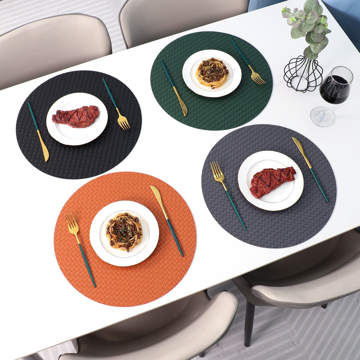 Premium Hotel Woven Pattern Round Leather Placemat, Simple Home Western Dining Mat, Waterproof & Heat Insulation, Wholesale in Stock
