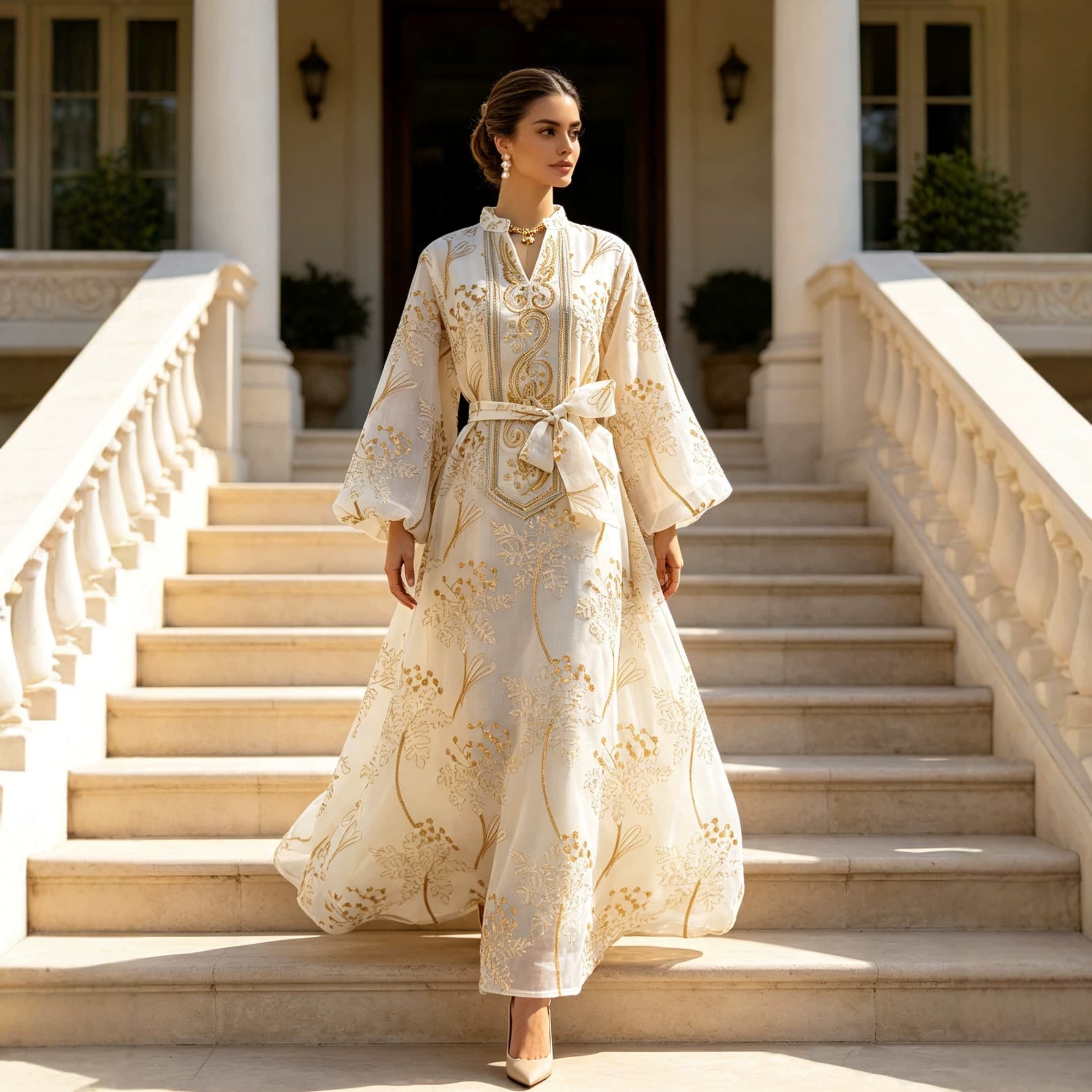 Spot cross-border women's heavy industry gold embroidered robe, stand-up collar, lantern sleeves, lace-up long dress, long skirt