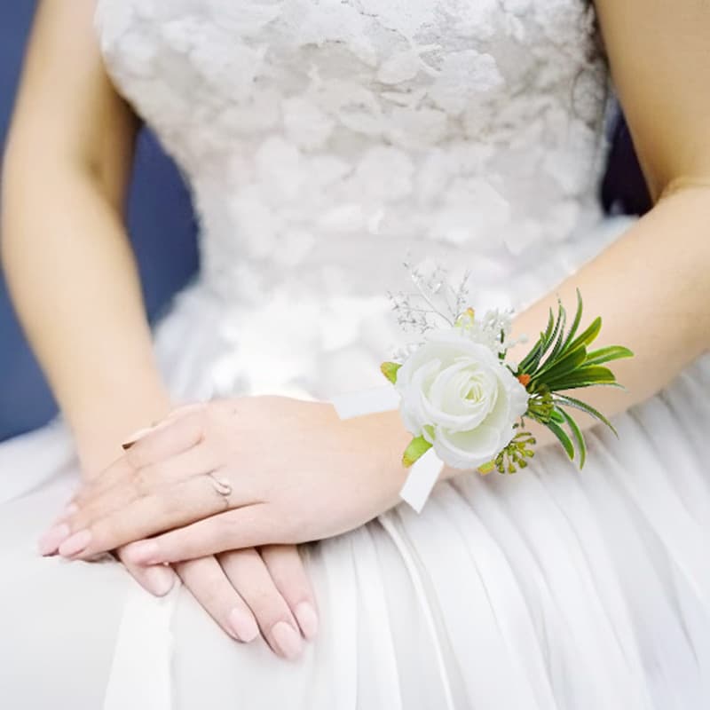 European Groom and Groomsmen Boutonnieres with White Simulated Roses, Matching High-end Bridesmaid Wrist Flowers