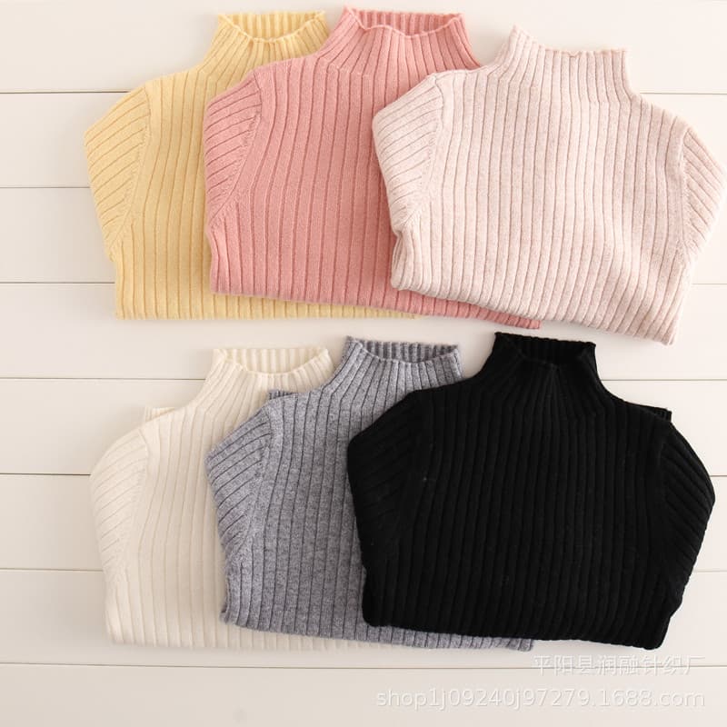 In Stock Children Cashmere Sweater Autumn Winter Solid Color Mock Neck Knit Pullover Girls Ruffle Trim Base Layer High Quality