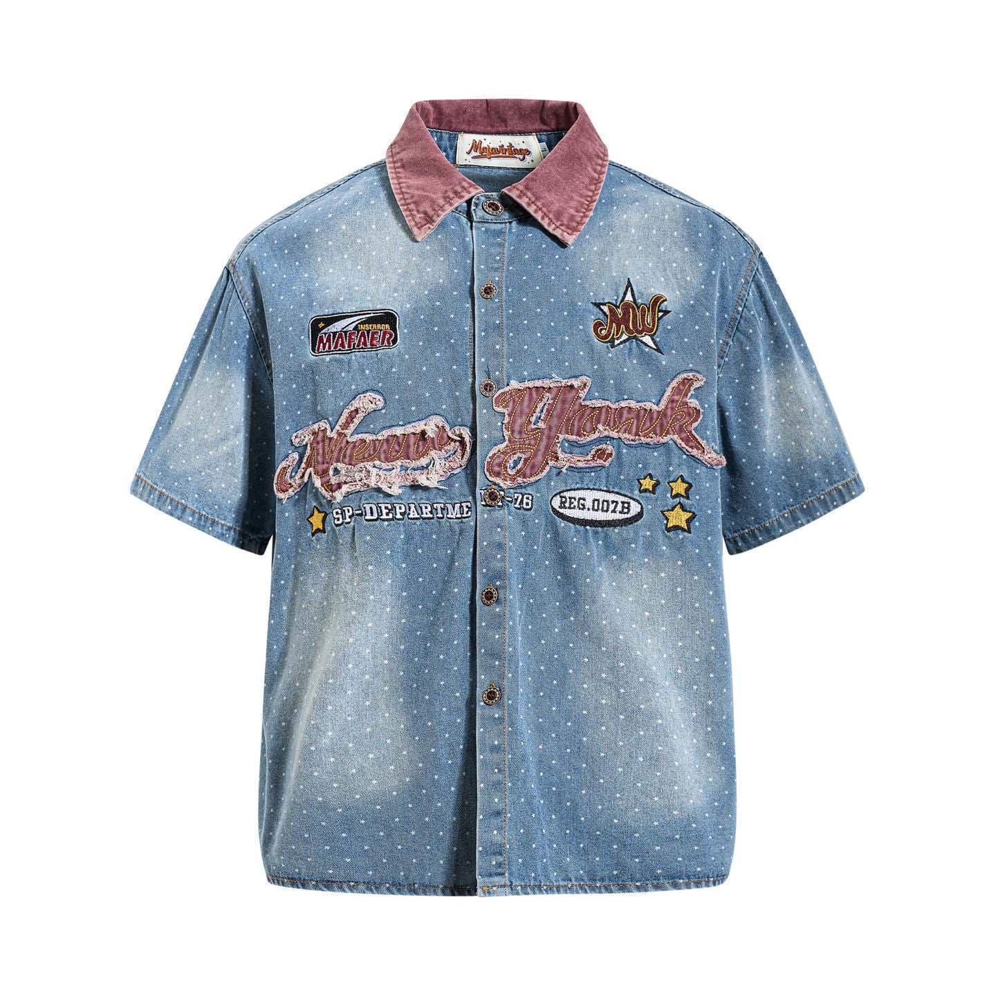 Jiayi Ku 2026 New American Retro Polka Dot Washed Denim Shirt Short Sleeve Patch Embroidery Couple Style Shirt
