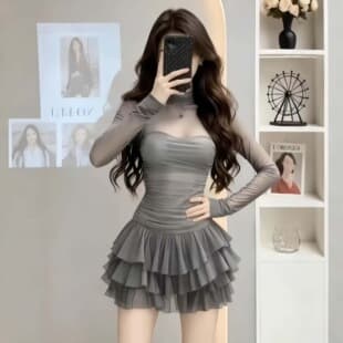 Sexy Solid Color Mesh Patchwork Long Sleeve High Neck Cake Dress for Women, Spring Elegant French Banquet Short Dress