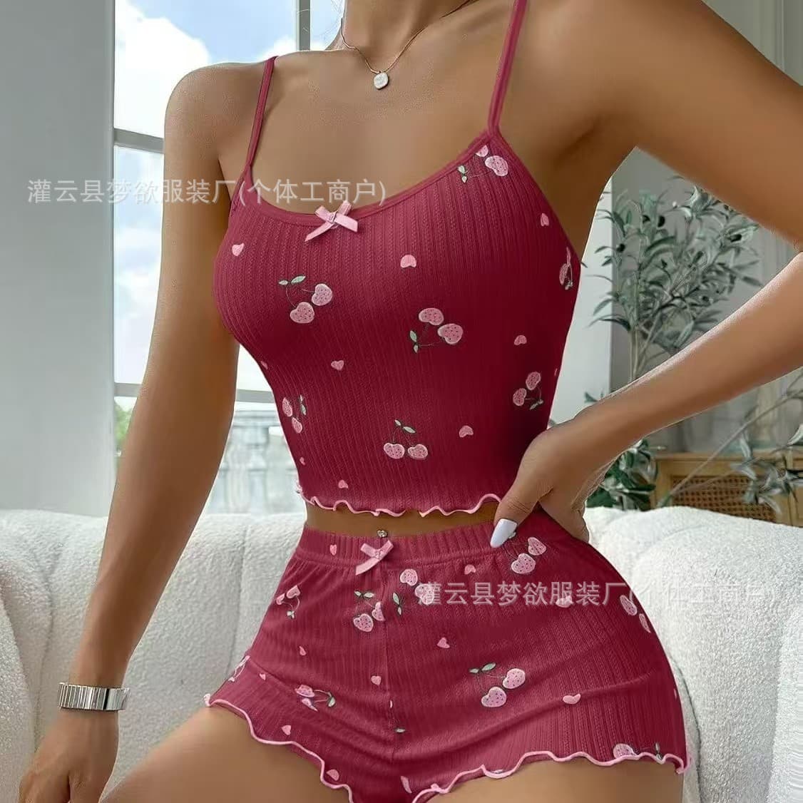 Amazon Hot Selling Cherry Bow Print Camisole and Shorts Women's Pajama Set Loungewear Sleepwear