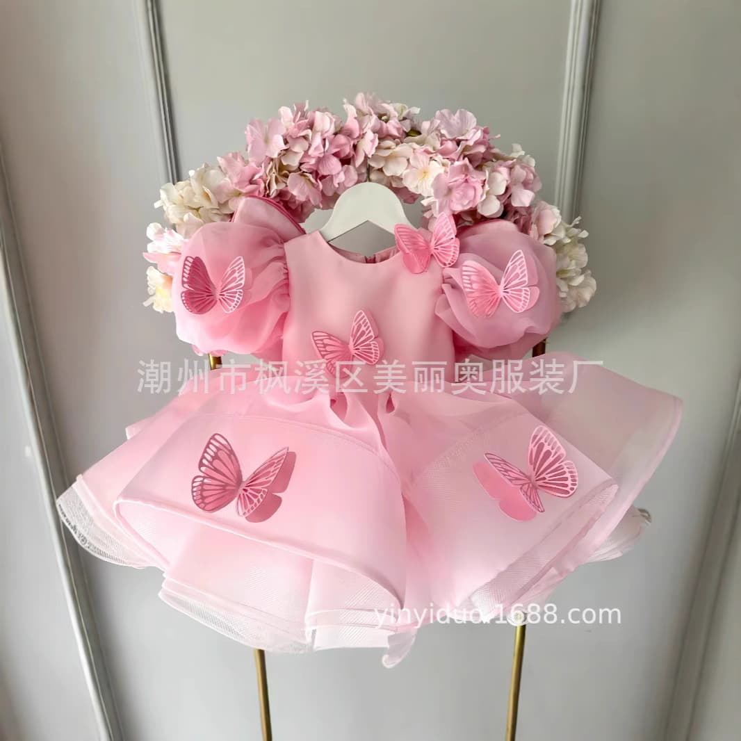 Baby Girls Dress Children's Formal Dress 3D Butterfly European and American Pink Princess Dress Wholesale