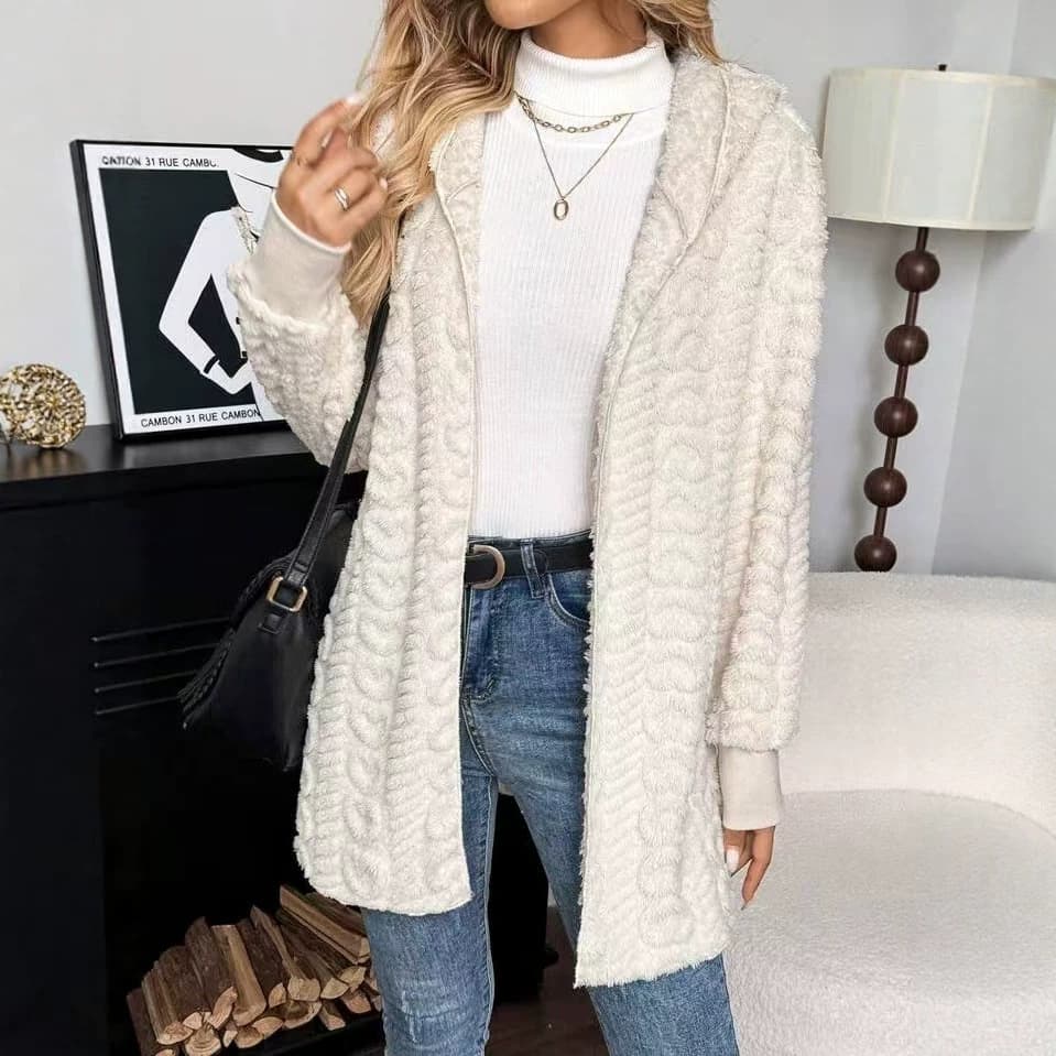 European and American cross-border popular solid color double-sided plush buttonless hooded cardigan casual women's autumn and winter plush jacket independent station