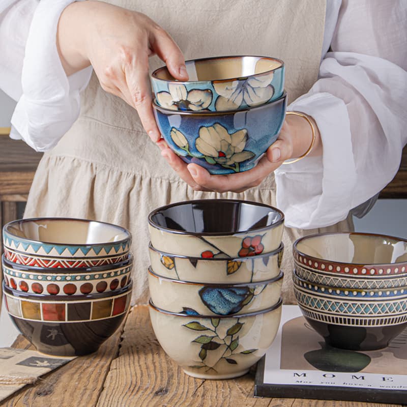 Japanese Style Ceramic Bowl Hand-Painted Underglaze Color Dessert Bowl Microwave Oven Safe Adult Dinnerware Set Floral Pattern