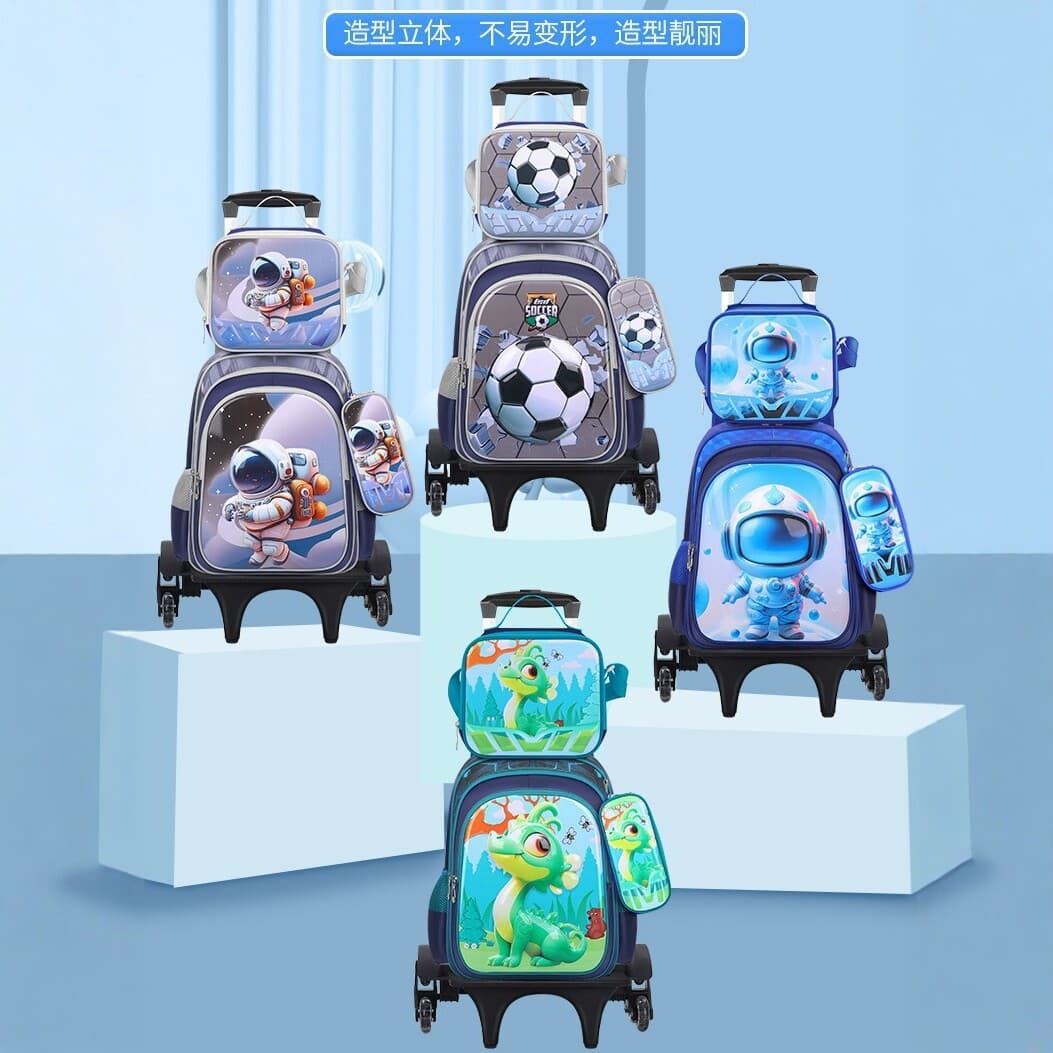New Student Trolley Backpack 3-Piece Set Cartoon Unicorn Kids Anti-Gravity Spine-Protecting Large-Capacity Shoulder Bag for Boys