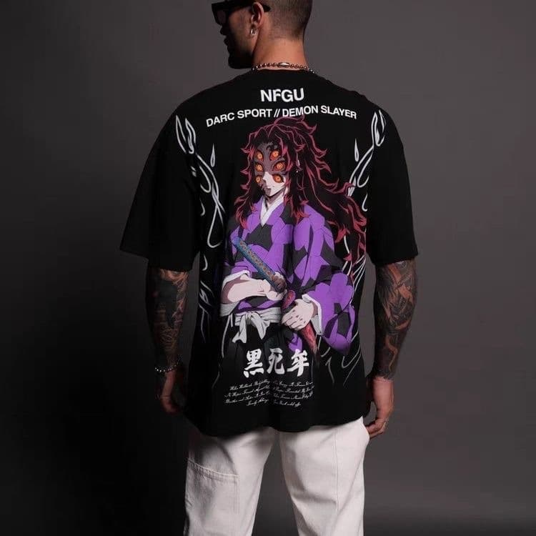 DARC Wolf Head Demon Slayer Movie Co-branded Peripheral Black Death Mou Printed Pure Cotton Couple Short Sleeve Sports and Fitness