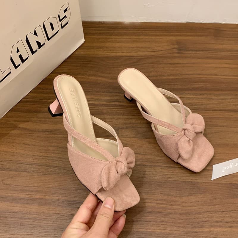 French Wedge Heel Elegant Open-Toe Sandals Square-Toe Women's Shoes 2025 New Summer Dress Bow Slides