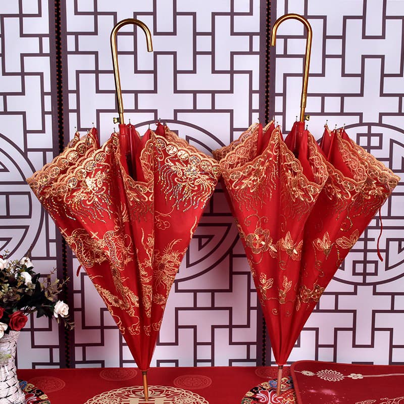 Wedding Umbrella, Straight Rod Semi-Automatic Wedding Umbrella, Chinese Vintage Sunshade, Bride Embroidered Dragon and Phoenix Red Umbrella