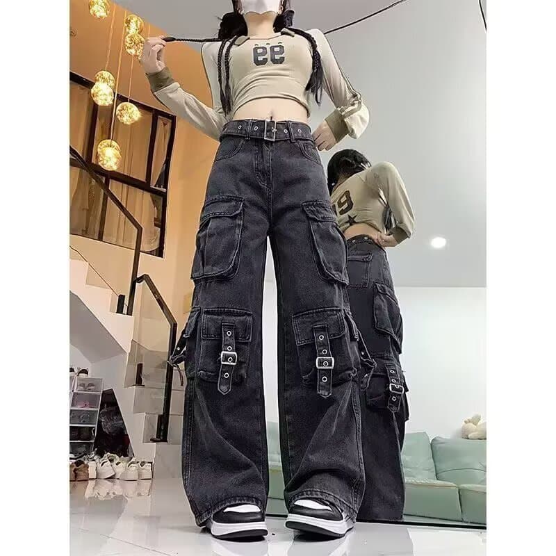 American high street multi-pocket black workwear wide-leg jeans for women, designer high-waisted loose wide-leg floor-length trousers