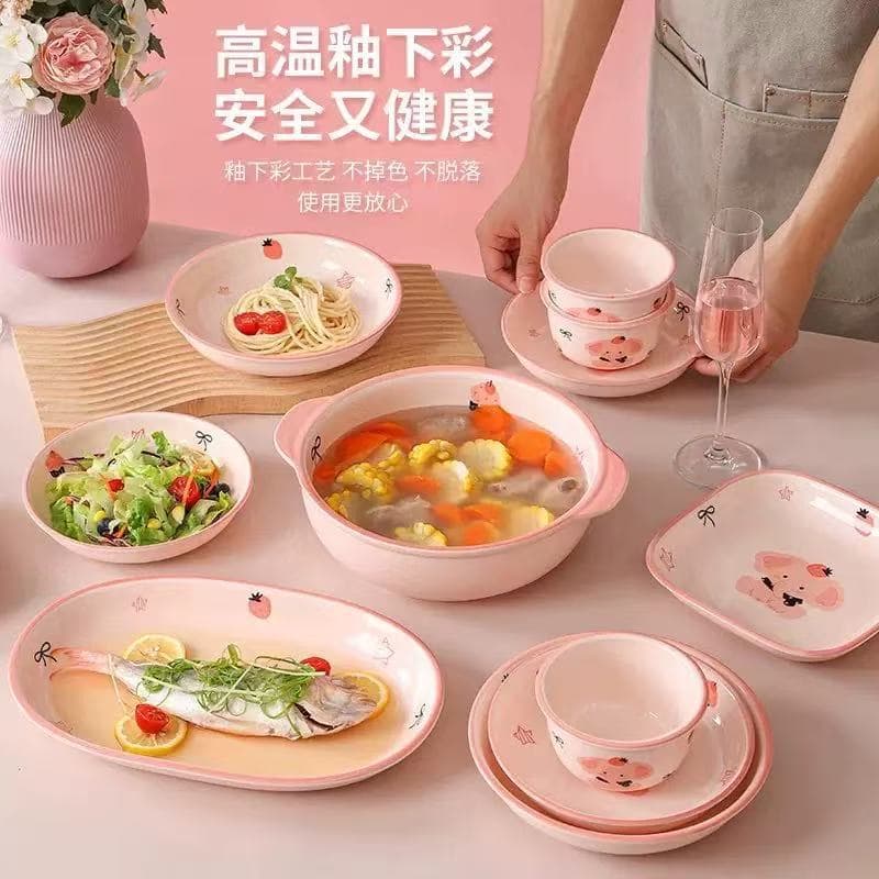 Cartoon Cute Ceramic Bowls and Plates, Household Tableware, Eating Bowls, Noodle Bowls, Soup Bowls, Underglaze Colored Vegetable Plates, Fruit Plates