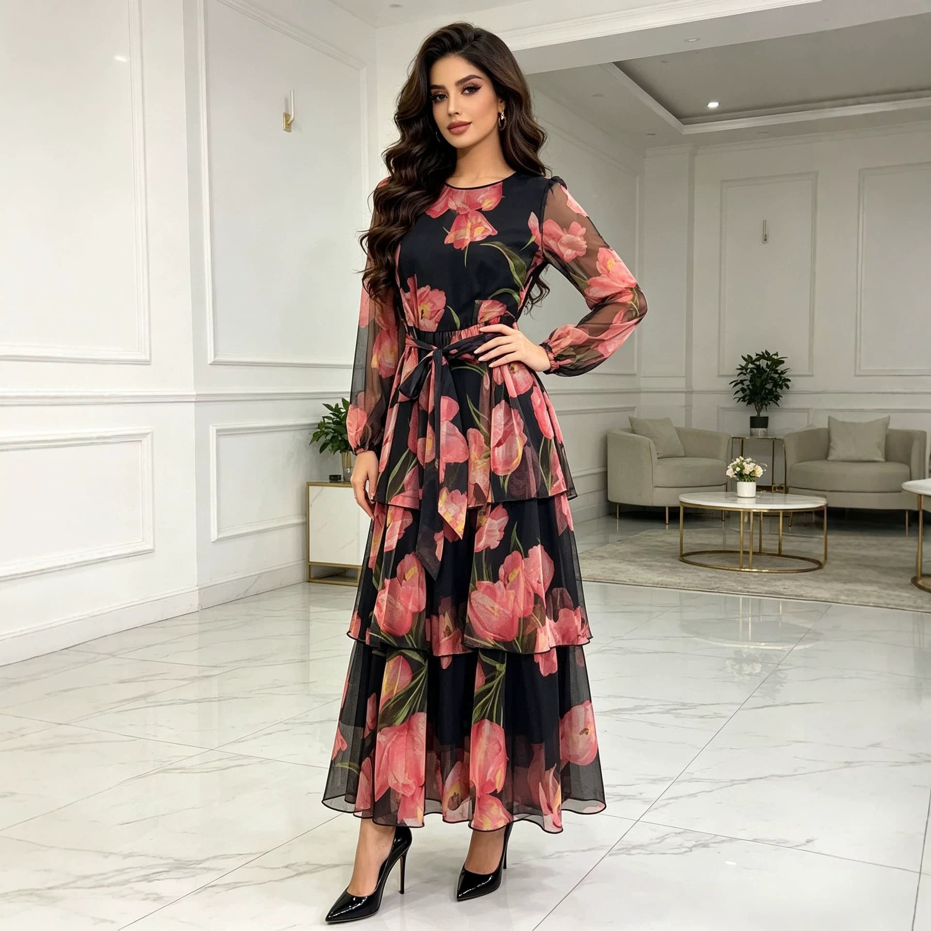 Cross-border black bottom tulip print mesh dress women's round neck lantern long sleeves waist tiered cake long dress