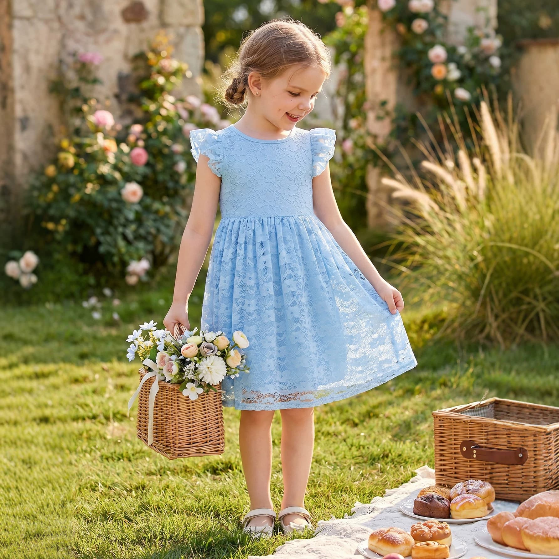 Cross-border lace mesh children's dress foreign trade daily simple flower girl skirt blue lady princess dress
