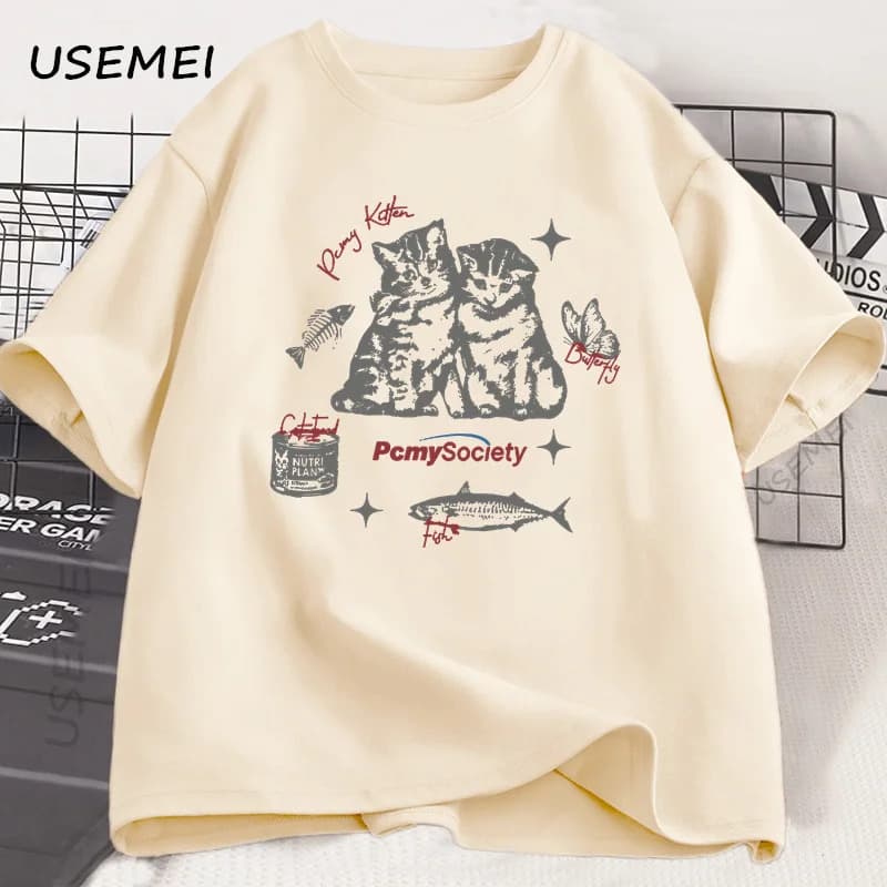 Ouma 100% Cotton T-Shirt Funny Vintage Cat Fish Graphic T Shirt Harajuku C