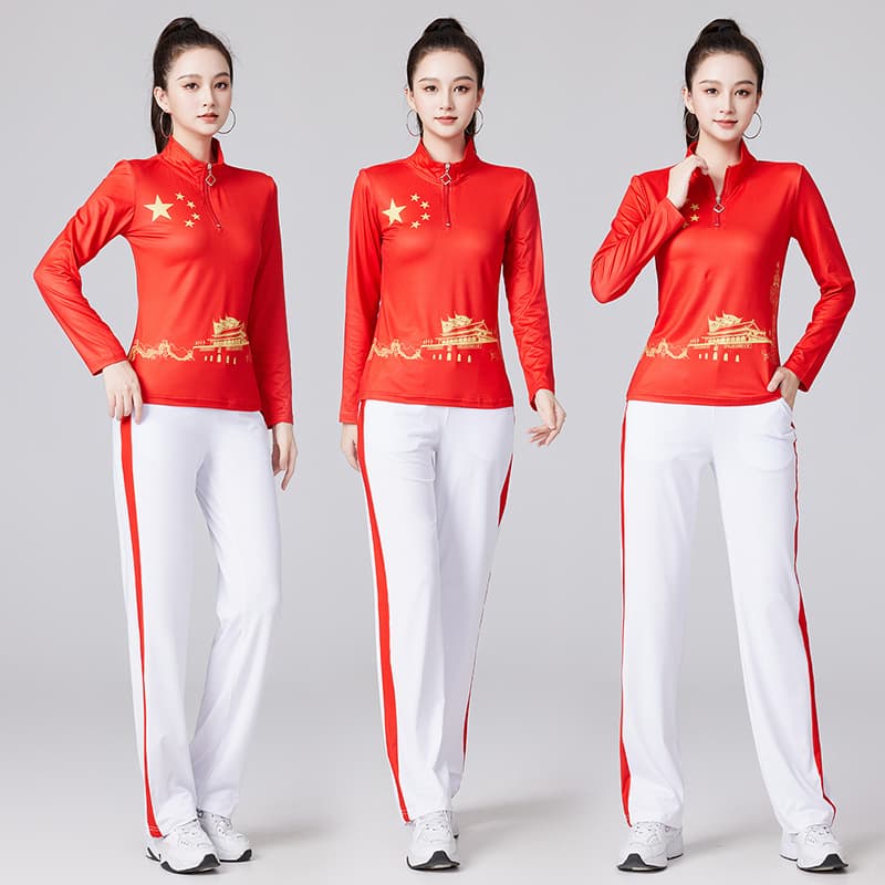 New Square Dance Costume: Long-Sleeve Top for Group Sports Events, Fitness, and National Day Red Song Dance Performances