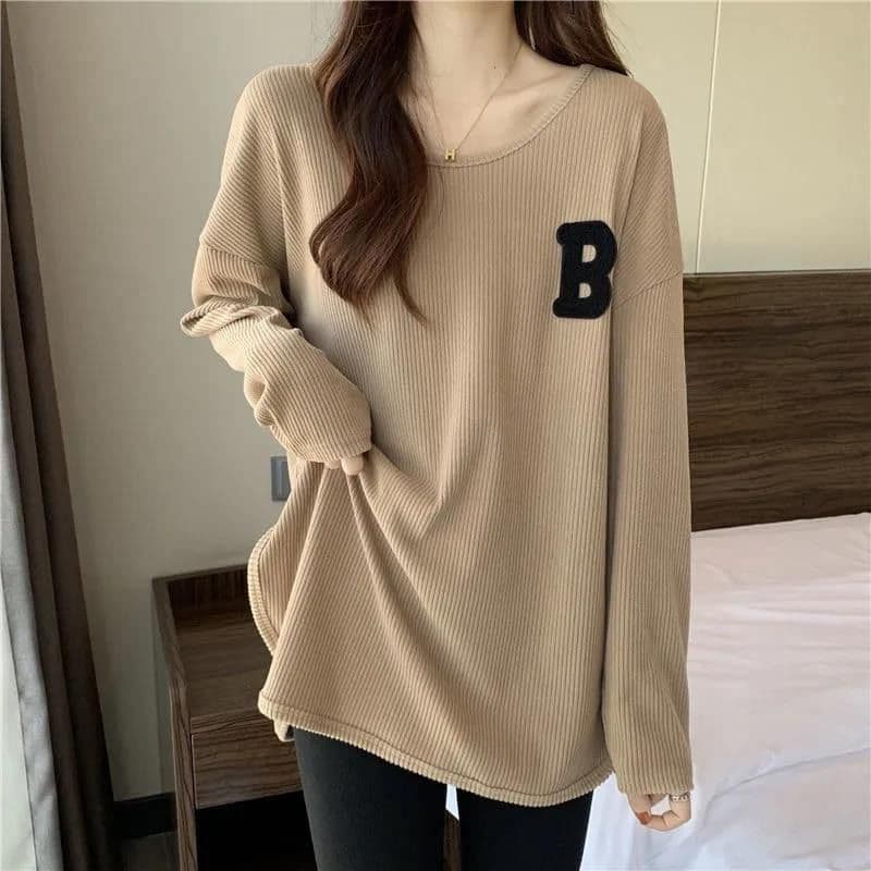Women's Long Sleeve T-shirt 2022 Spring New Style Letter Side Slit Stylish Loose-fit Medium-length Base Layer Top