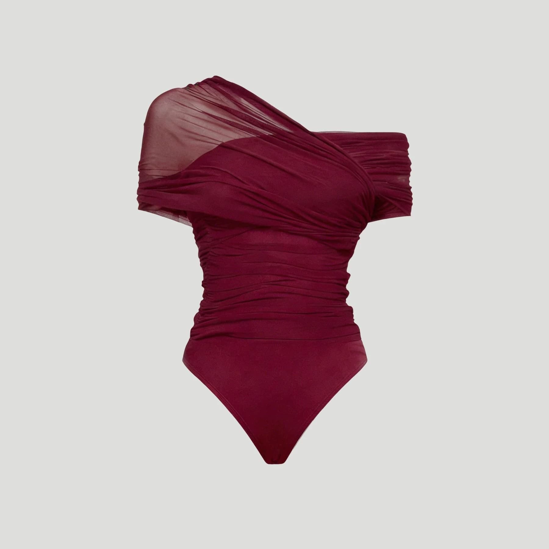 Cross-border Women's Asymmetrical Off-shoulder Mesh Bodysuit with Pleated Sheer Slim Fit, Hot Girl Style Bodysuit Top