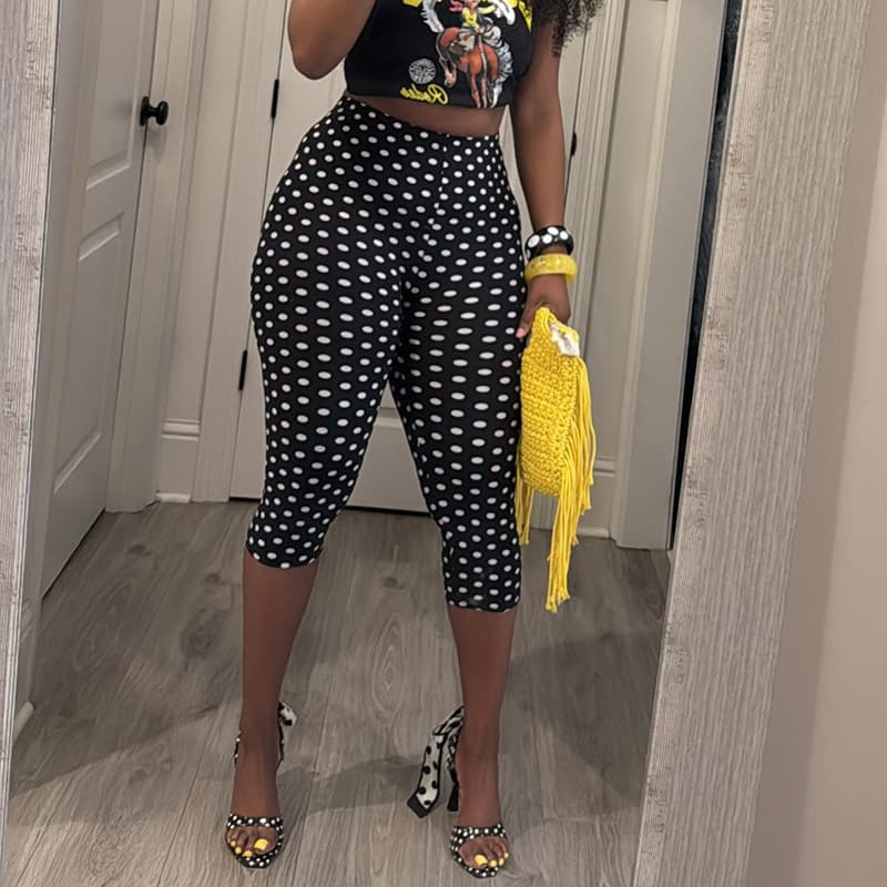 J26PT151 European and American Style Cross-border Women's Spring/Summer High-Waist Polka Dot Print Stretchy Fitted Capri Casual Pants