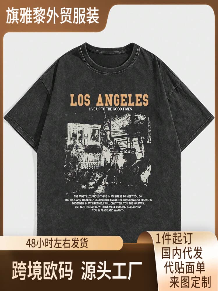 American Retro Sport Cotton Washed T-Shirt Hip Hop Gothic Short Sleeve Top Half Sleeve Plus Size Export