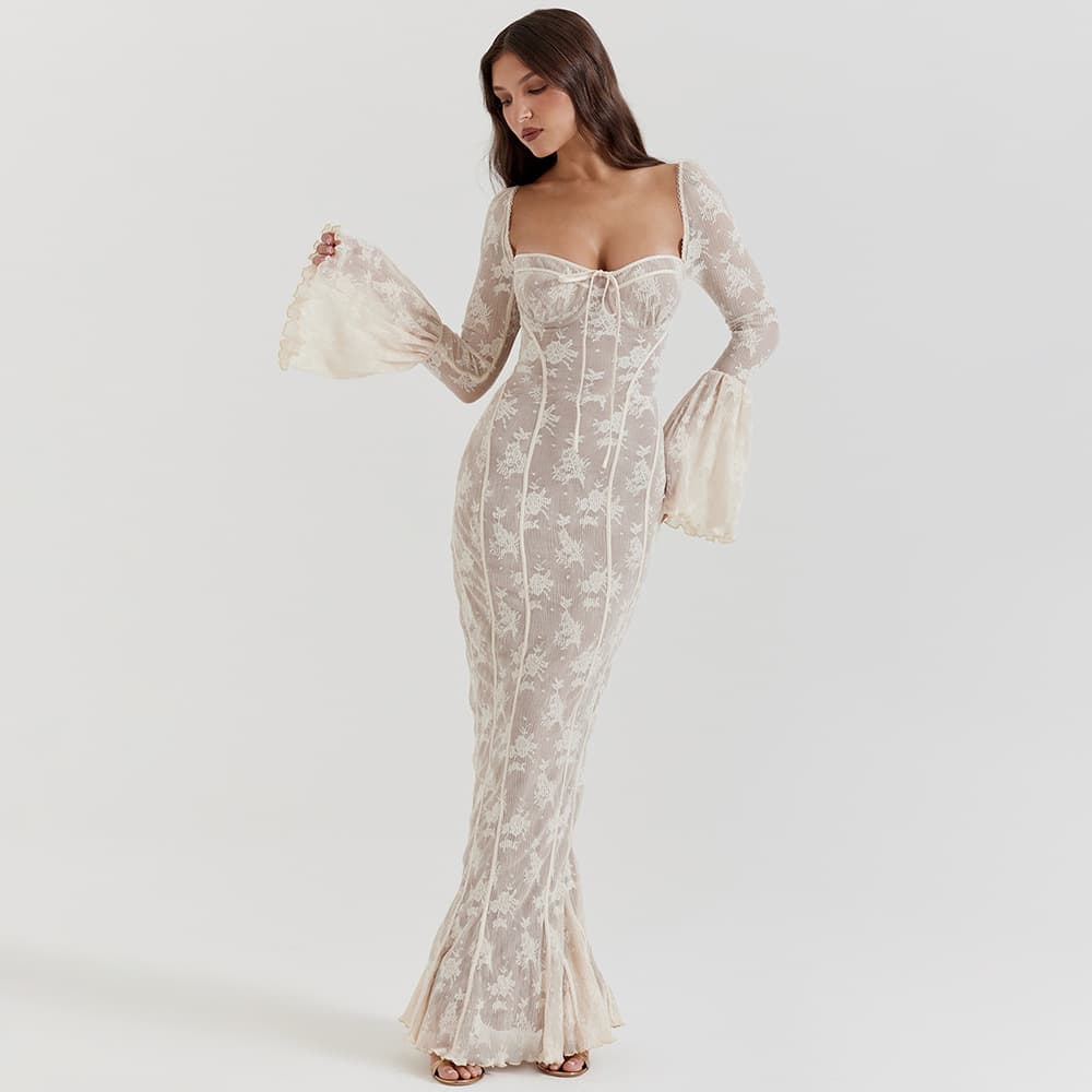 European and American INS Style Lace Long Sleeve Fitted Dress Flared Sleeve Bodycon Mermaid Long Dress Vacation Beach Dress
