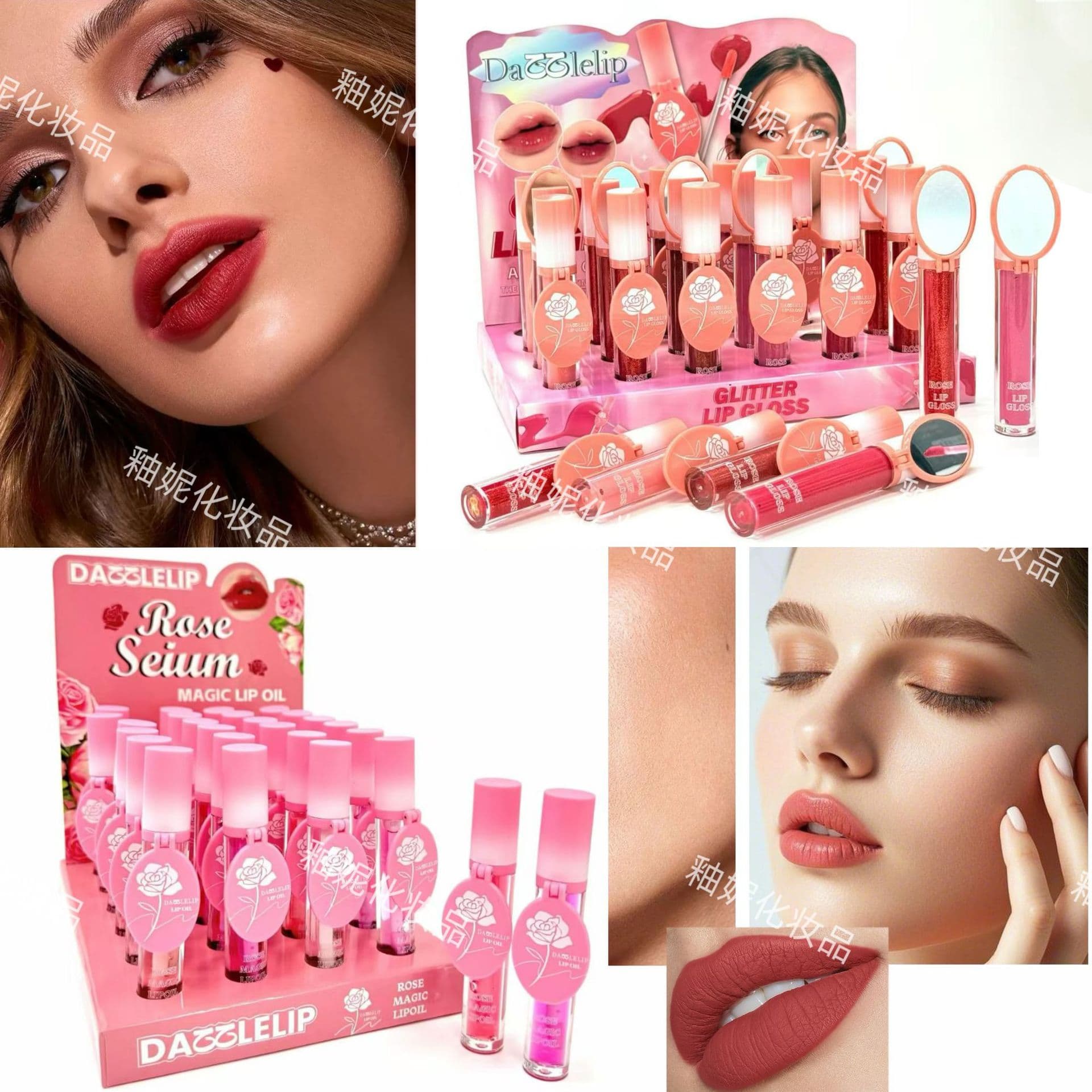 Cross-Border Trade Dazzlelip Velvet Matte Lip Color, Rose Pattern, Built-In Mirror, Long-Lasting, Non-Fading
