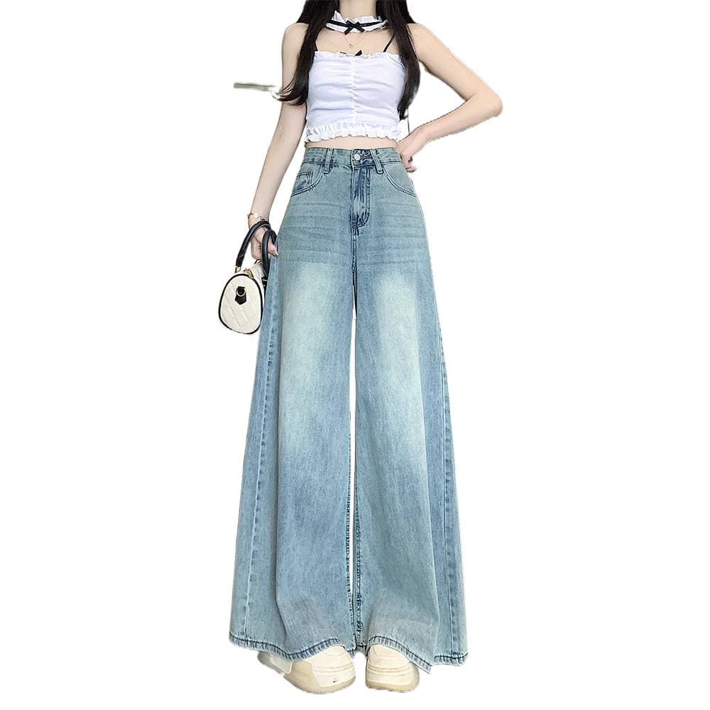Spring Light Blue Wide-Leg Jeans for Women 2025 Plus Size High-Waist Slimming Flowy Loose Straight-Leg Floor-Length Pants