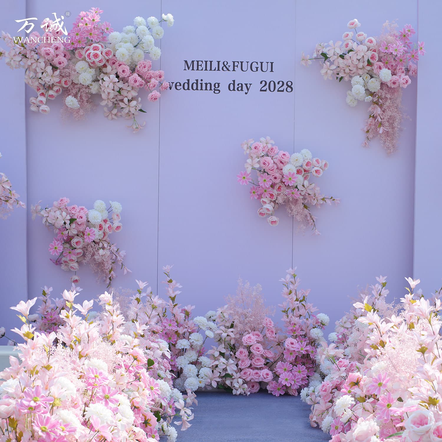 Pink artificial flower scene layout, row of flowers, thousand generation orchids, rose waterfall, wedding background, decorative road leading flower art
