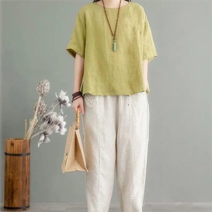 2025 New Short-Sleeved Tops Summer Loose Literary Retro Casual Women's T-Shirt Embroidered Cotton and Linen Simple Large Size