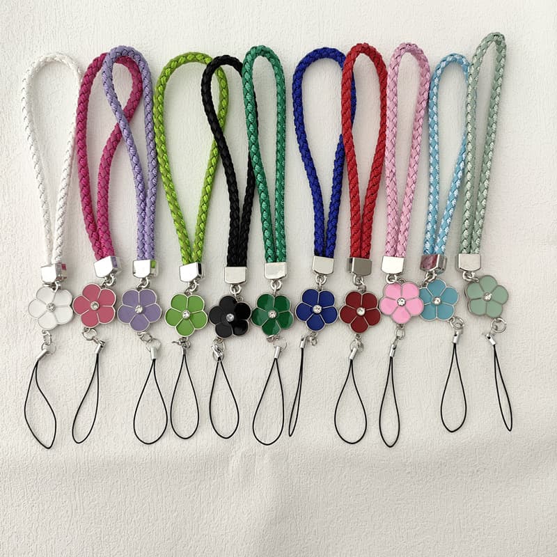 Camellia clover PU mobile phone lanyard wrist lanyard nylon braided mobile phone leather rope mobile phone case pendant