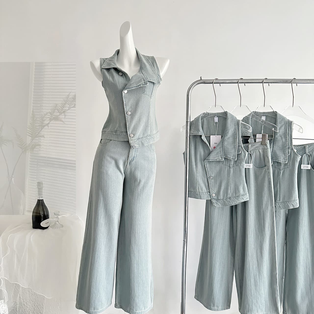 Washed denim suit women's summer design vest/wide leg pants