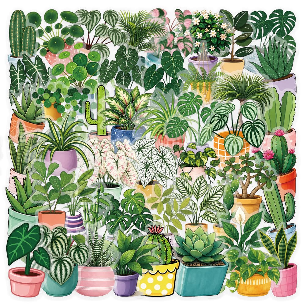 50pcs Green Potted Plant Stickers Transparent PET Creative Journal Decoration Phone Water Bottle Waterproof Stickers Wholesale