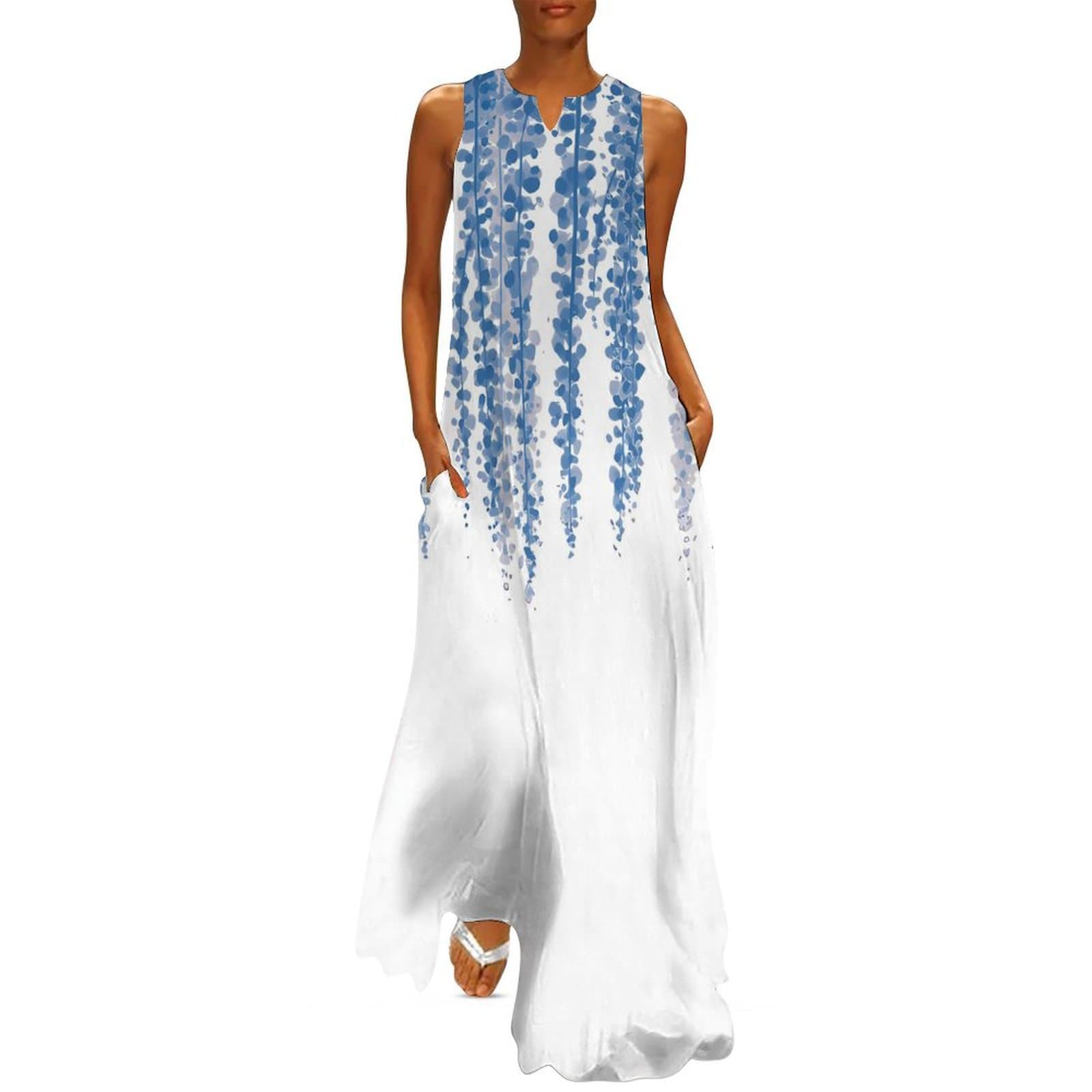 2024 Amazon Europe and America New Women's Vintage Floral Print Maxi Dress V-Neck Sleeveless with Pockets Summer Sexy Dress
