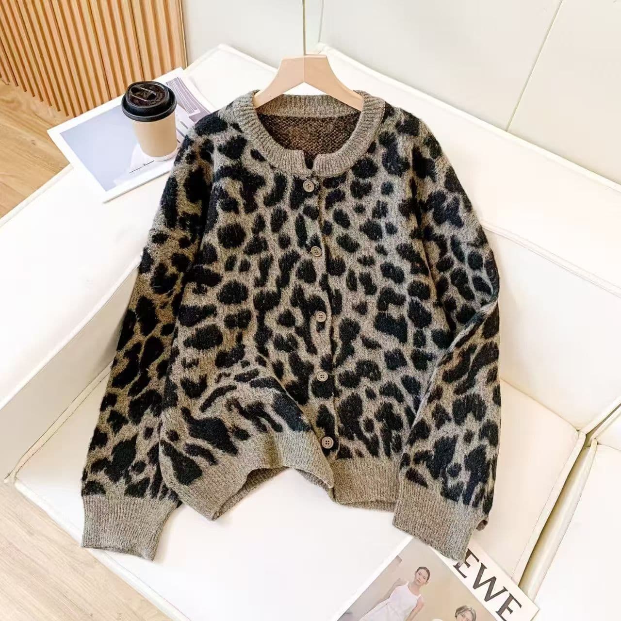 Cross-Border Amazon Hot Item Plus Size Leopard Print Knit Cardigan Autumn/Winter Style Cashmere Round Neck Thickened Soft Women's Sweater