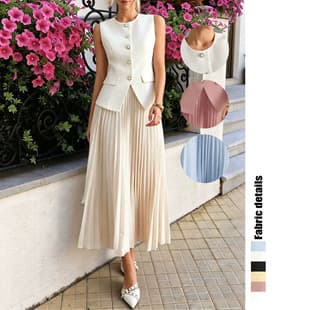 2025 New Solid Color Vest Set Pleated Dress, Sleeveless Button Fitted Waist Long Style