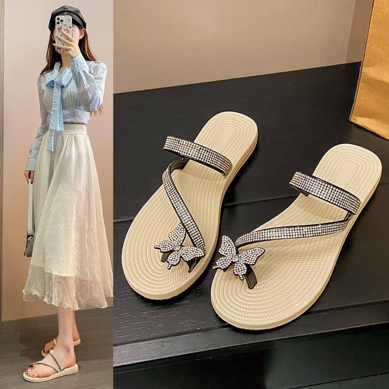 Bow Flat Sandals for Women Summer Outdoor Sparkly Rhinestone Non-Slip Durable Fashion Beach Slides