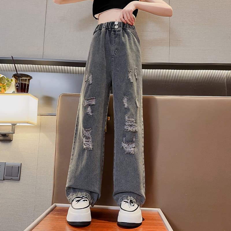 2026 Spring American Street Washed Ripped Jeans Girls Retro Straight High Street Hip Hop Loose Wide Leg Pants