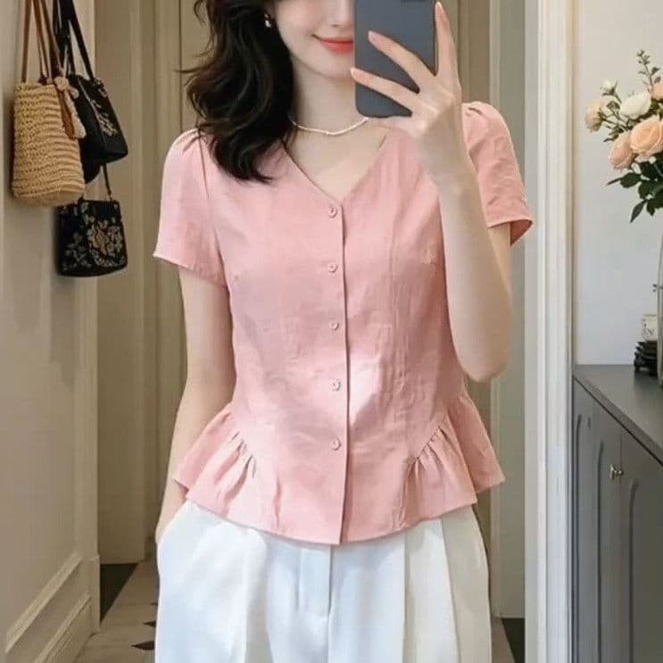 Large size design ruffled short-sleeved shirt for women summer new fat girl slim fit versatile age-reducing top