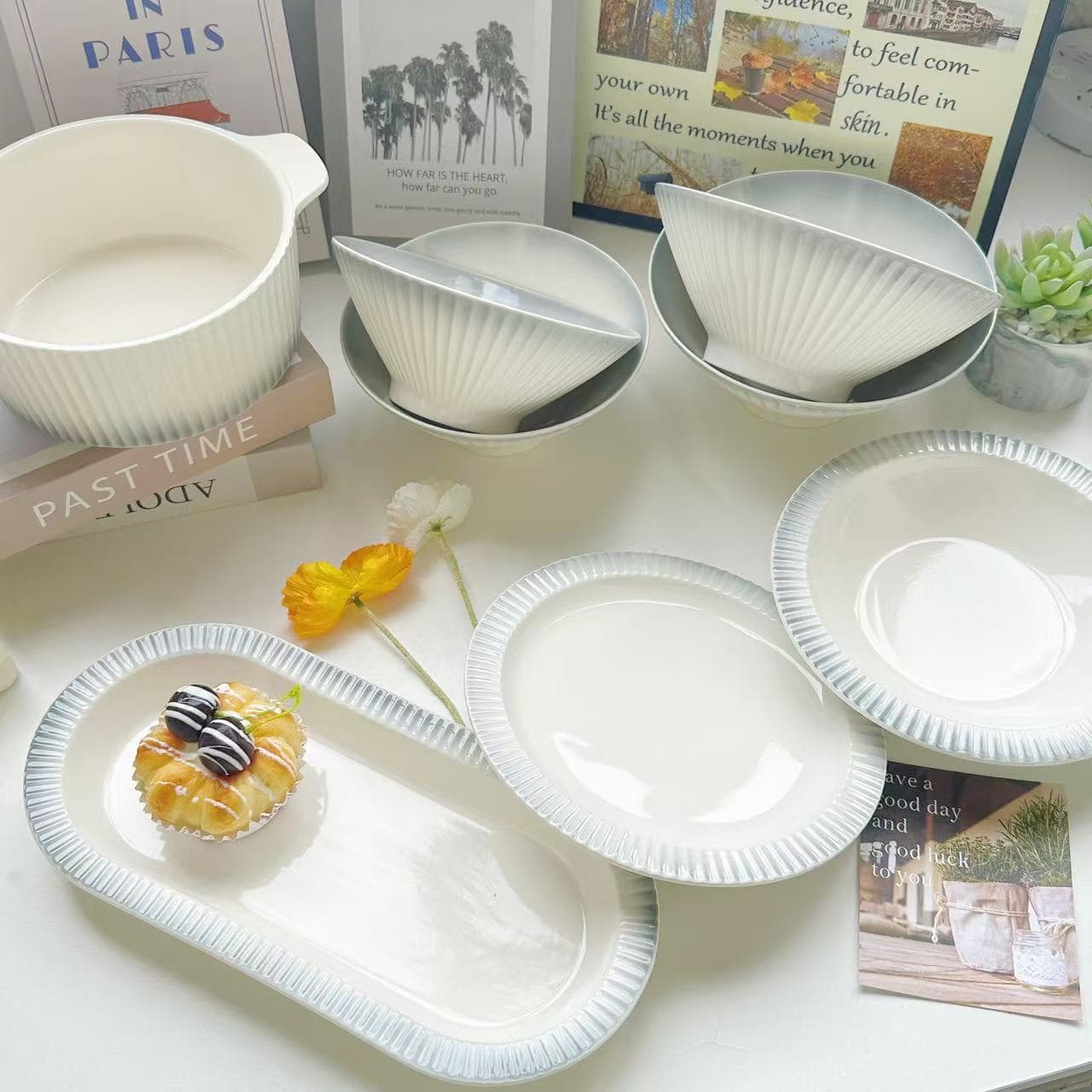 Dandy Gray Ins Nordic Housewarming Bowl and Plate Set Gradient Vertical Grain Home Tableware Light Luxury Plates Soup Bowls Simple