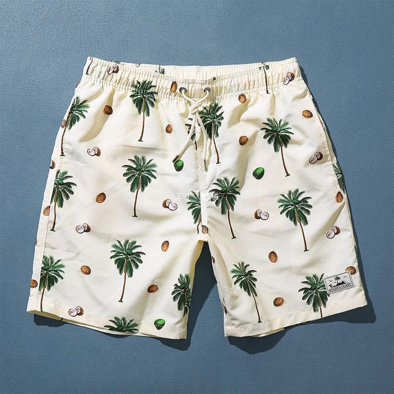 Men's Beach Pants, Holiday Style Coconut Print Loose Five-Quarter Pants, Quick-Drying Shorts Suitable for Water Wear