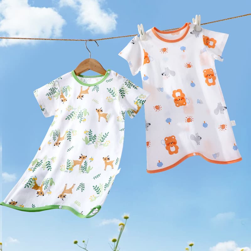 Baby Short-Sleeve Pajamas Summer Thin Anti-Kick Cotton Sleepwear Children's Cold-Proof Nightgown Homewear Bodysuit