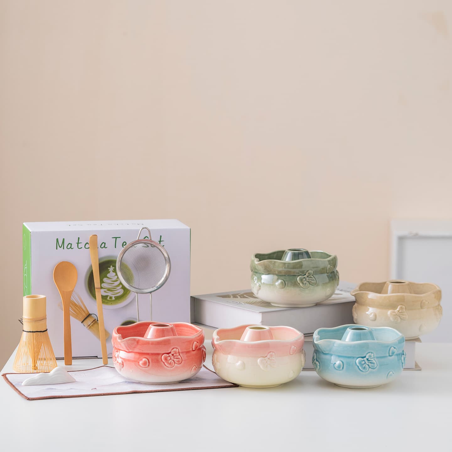 Cross-border High-Aesthetic Matcha Tea Set with Kiln-Transformed Glaze, Hyakuhon Tachi Tea Whisk, Japanese Matcha Set, Matcha Bowl with Spout