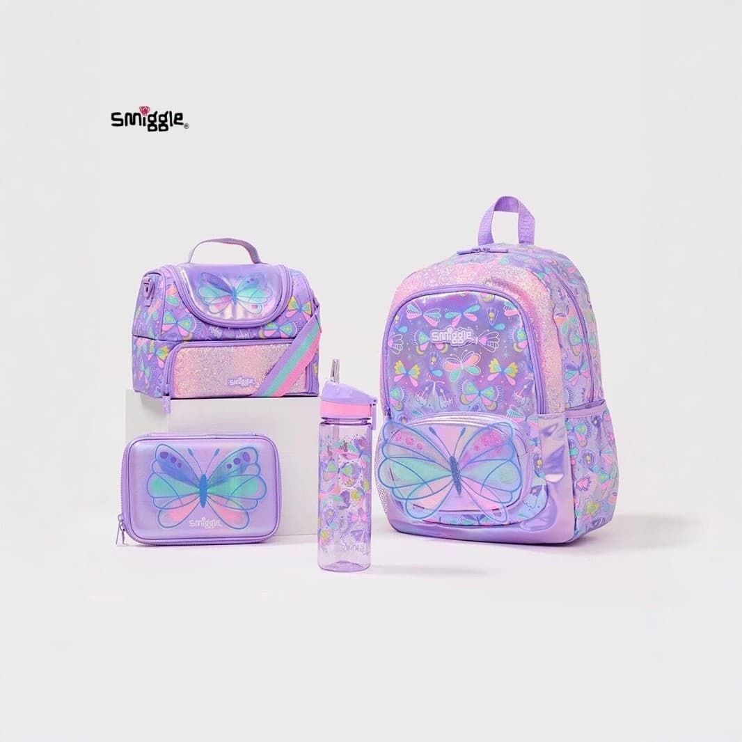 Smiggle Kids Butterfly Backpack, Cartoon School Bag for Elementary Students, Large Capacity Ergonomic Purple Trendy Style