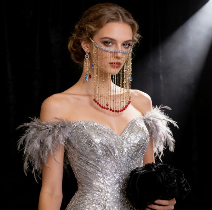 Cross-border exotic face-covering veil jewelry, handmade golden tassel face chain mask, nightclub performance clothing accessories