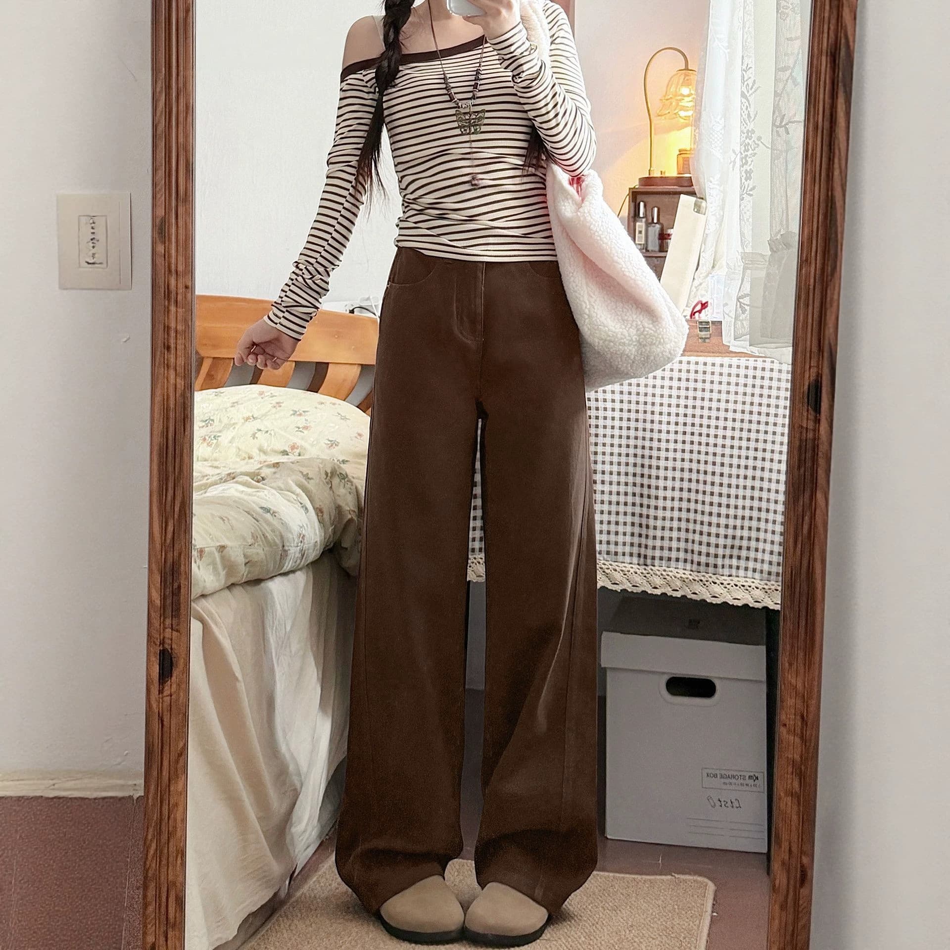 Brown Wide-Leg Jeans for Women Autumn New Plus Size Pear-Shaped Body Slimming Loose Flowy Straight-Leg Pants