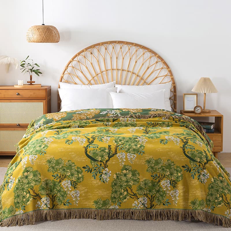 Jungle pattern pure cotton gauze terry blanket, reversible throw, all-season style for sofa cover or adult nap blanket